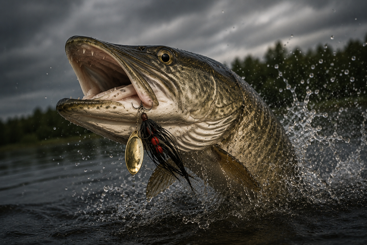 Musky with a lure in its mouth against a dark, cloudy sky over water